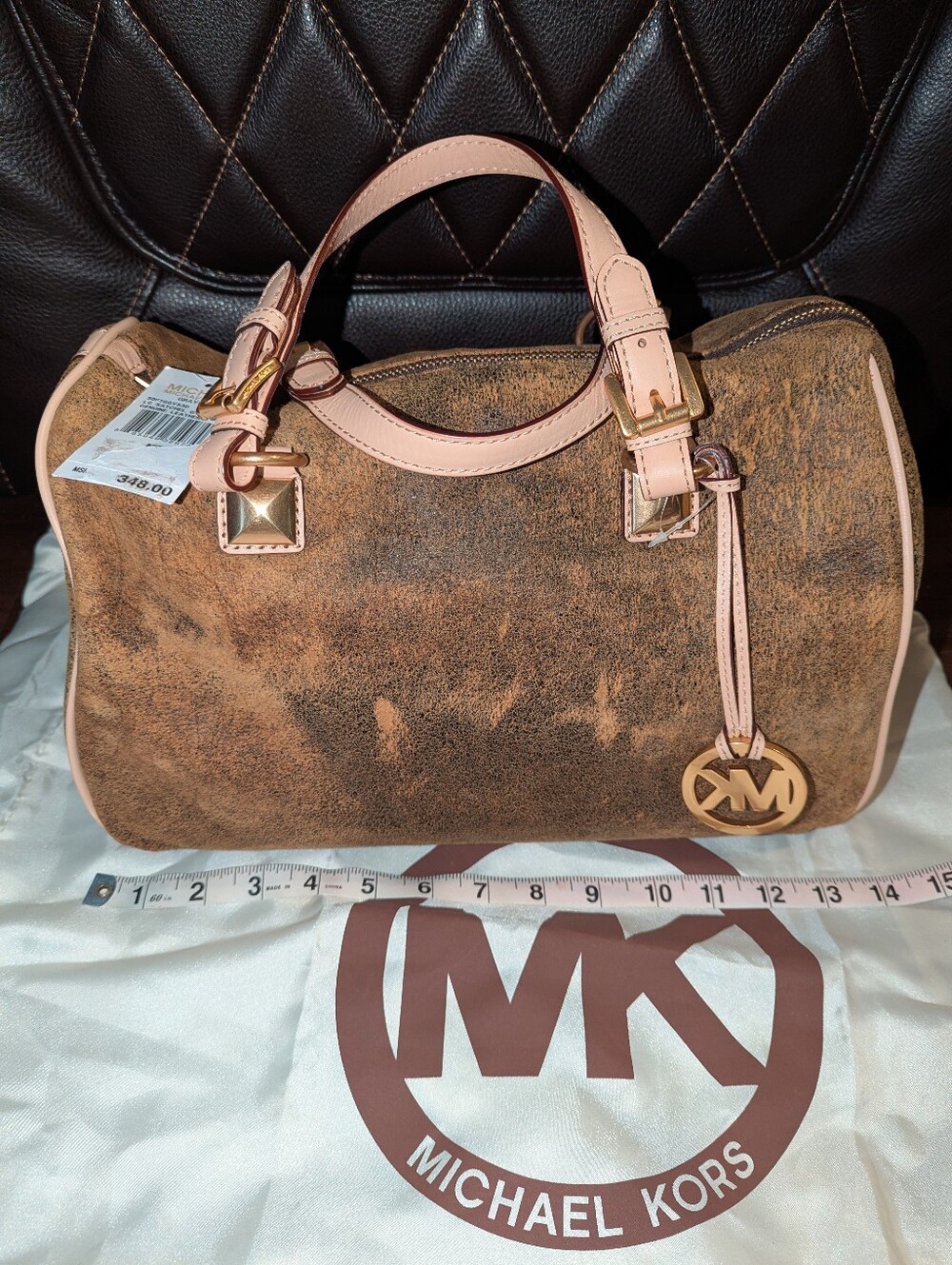 Michael Kors Grayson Large Genuine Distressed Leather Satchel, Mocha, NWT